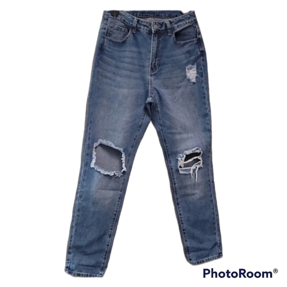 Shein High Waisted Denim Blue Jeans Sz 27 x 32 Distressed
